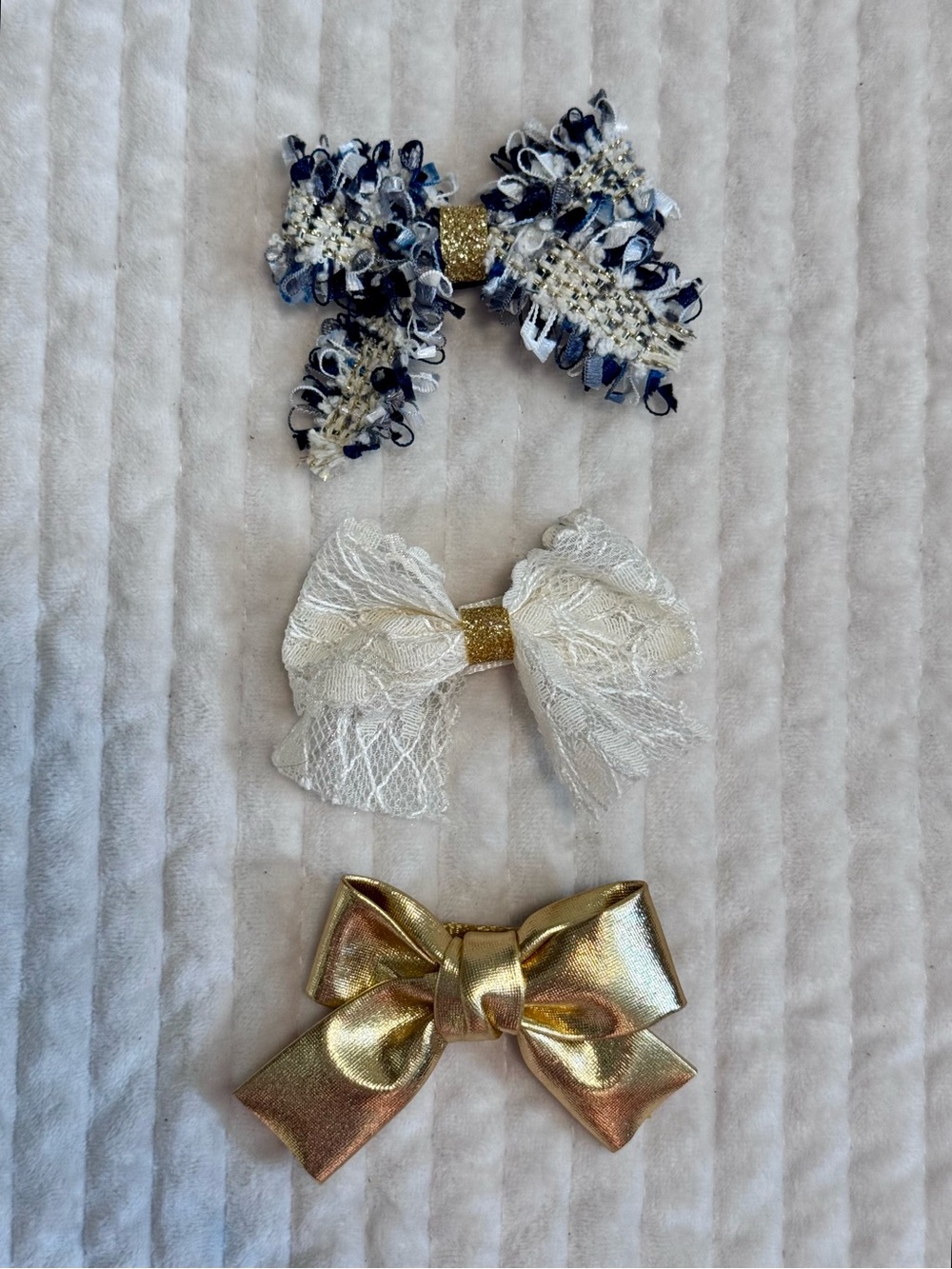Kids Bow Hair Clips - Navy Tweed, Ivory, and Gold Set